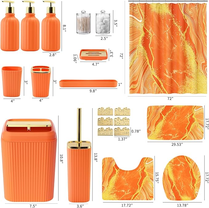 21PCS Bathroom Sets with Shower Curtain and Rugs Bathroom Accessories Set Orange Bathroom Set Complete with Trash Can, Toilet Brush, Qtip Holder & 3PCS Soap Dispenser