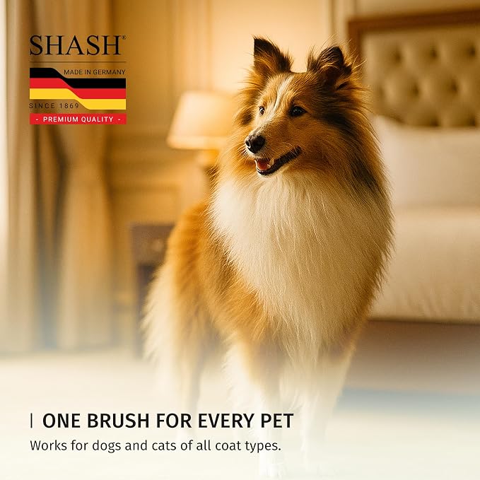 Since 1869 Hand Made In Germany - SHASH Oval Pet Brush With Long Metal Pins With Rubber Cushion - Helps Detangle Knots, Eliminate Frizz, Reduce Pulling & Snagging