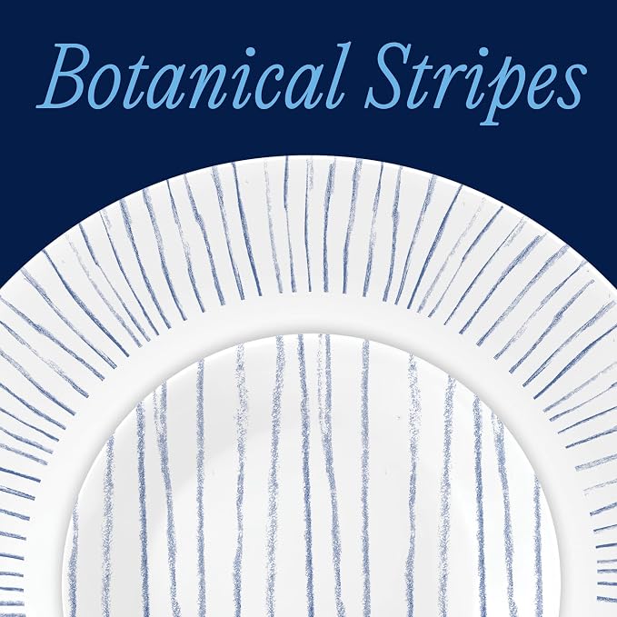 Corelle 18-Piece Dinnerware Set Service for 6, Lightweight Round Plates and Bowls Set, Vitrelle Triple Layer Glass, Chip Resistant, Microwave and Dishwasher Safe, Nautical Stripes