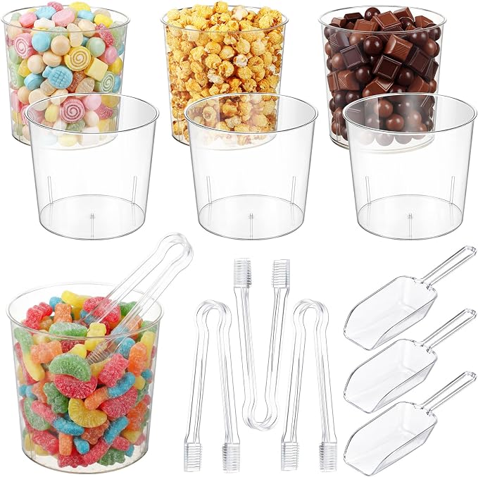 115 oz 6 Plastic Candy Bar Containers with 3 Tongs and 3 Scoops | Candy Party Supplies, Reusable Buckets for Candy Buffet Station, Weddings Birthday Dessert Snack Serving Bowls