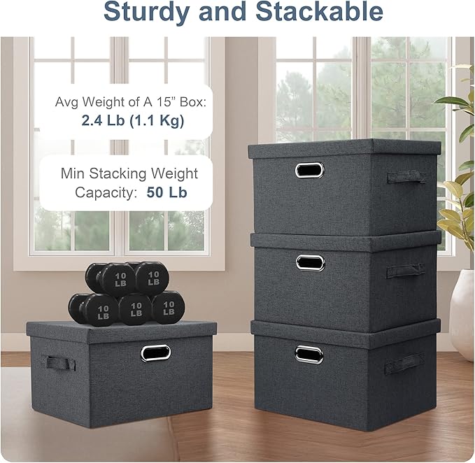 Graciadeco Medium 15" 21 Quart Collapsible Stackable Storage Bins with Lids, 3 Packs Dark Grey Foldable Fabric Closet Boxes Heavy-duty Linen Cube Baskets Container for Bedroom Office (15 x 11 x 8)