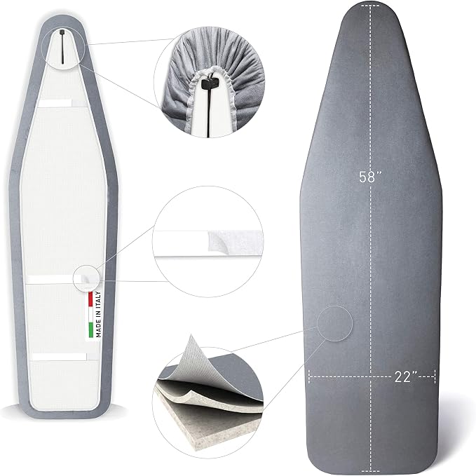 TIVIT Ironing Board Cover 22 x 58” – Made in Italy, Alumitek PRO Heat-Reflective, Thick 4-Layer Padding, Scorch & Stain Resistant
