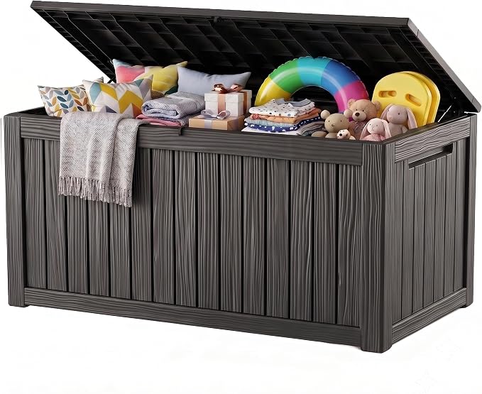 Outdoor Storage Box, 280 Gallon Waterproof Resin Deck Box with Support Rod | UV Resistant Lockable Package Delivery Bin, Shoe, Patio & Garden Tools Storage, Toy Cabinet, Ottoman, Indoor/Outdoor