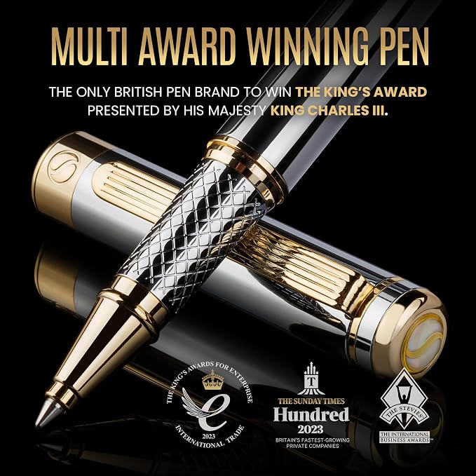Scriveiner Personalized Silver Chrome Rollerball Pen - Stunning Luxury Pen, Real Gold Plating, Schmidt Ink Refill, Best Engraved Roller Ball Gift Set for Men & Women, Custom Name Engraving