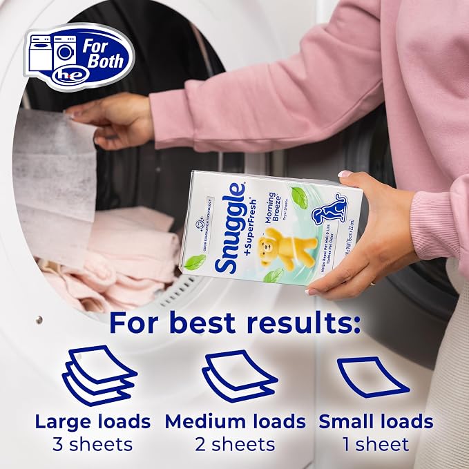 Snuggle SuperFresh Fabric Softener Dryer Sheets, 200 Count, Morning Breeze, Long-Lasting Fresh & Clean Scent, Tackles Pet Odor, Helps Repel Pet Hair, Reduces Static & Fights Wrinkles, HE Safe