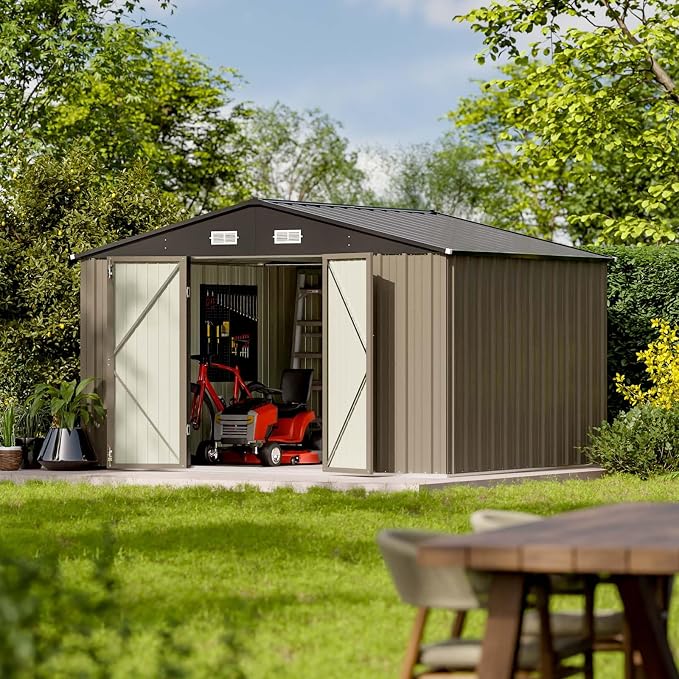 Patiowell 10 x 8 FT Outdoor Storage Shed, Large Garden Tool Metal Shed | with Sloping Roof and Double Lockable Door, Outdoor Shed for Backyard Garden Patio Lawn, Brown