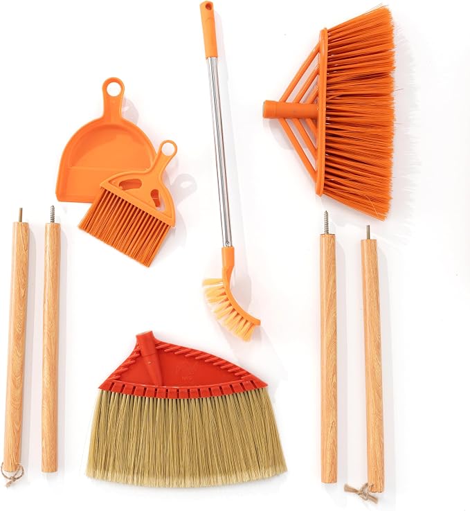 Bathroom Cleaning Broom Set, 4-Piece Broom and Dustpan Set with Long & Short Handle Brooms – Stiff Floor Broom, Angle Broom & Toilet Scrub Brush – Cleaning Tools for Bathroom & Kitchen