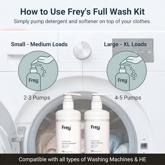 FREY Full Wash Laundry Care Bundle - Concentrated Liquid Laundry Detergent & Fabric Softener (Fragrance-Free)