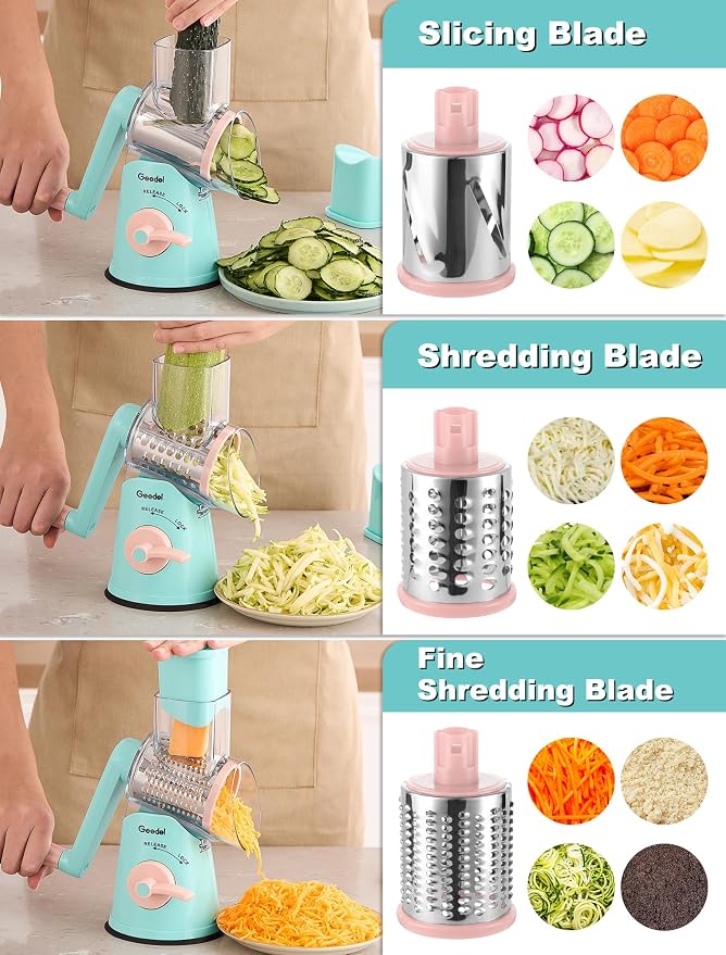 Geedel Rotary Cheese Grater Cheese Shredder - Upgraded 5-in-1 Cheese Grater with Handle and Strong Suction Base, Multi-purpose Vegetable Slicer Ice Shaver Nuts Grinder for Cheese, Vegetables, Ice
