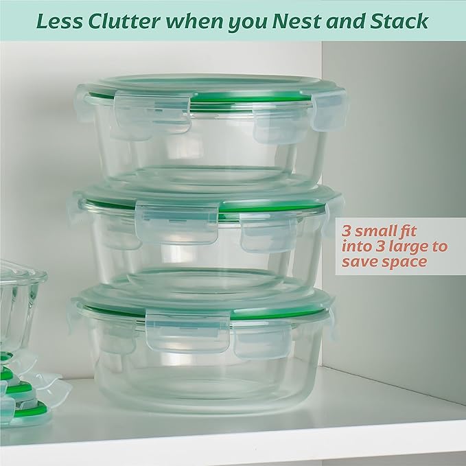 Round Glass Food Containers - 6 Pack, Microwave Safe | Borosilicate Round Bowls, 3x970 ml & 3x390 ml, Airtight Leakproof Lids, Oven Freezer Dishwasher Compatible