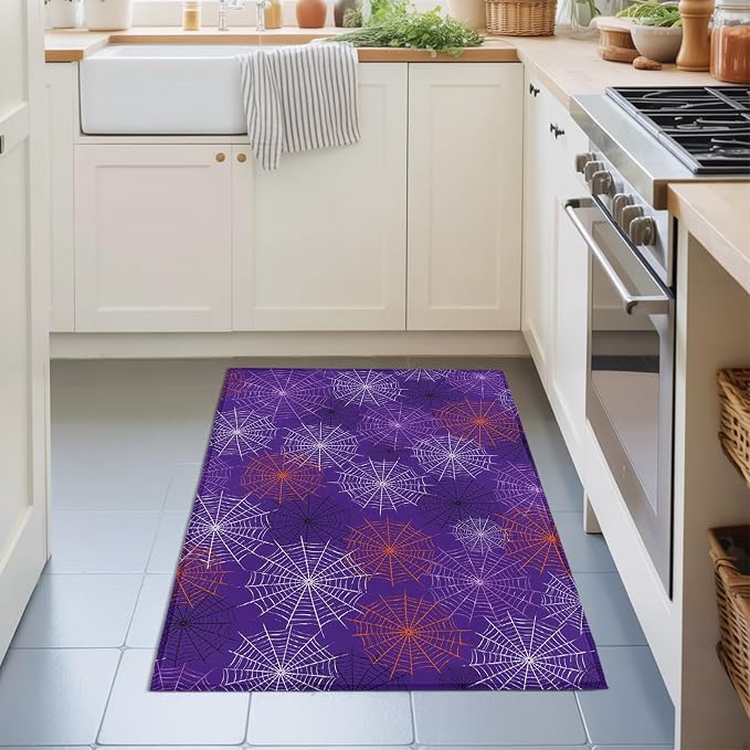 Entryway Area Rug 2'x3', Purple Halloween Washable Small Area Rugs for Kitchen Bathroom Bedroom Office Laundry, Red Black White Net Halloween Non Slip Door Mat Indoor Entrance Floor Throw Carpet