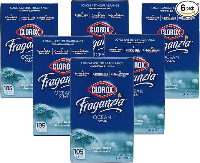 Clorox Fraganzia Fabric Softener Dryer Sheets Wrinkle Reducing Anti Static Softens Fabrics Fresh Smelling Clothes Fresh Ocean Scent 105 Count 6 Pack Household Bulk Value Extended Household Laundry