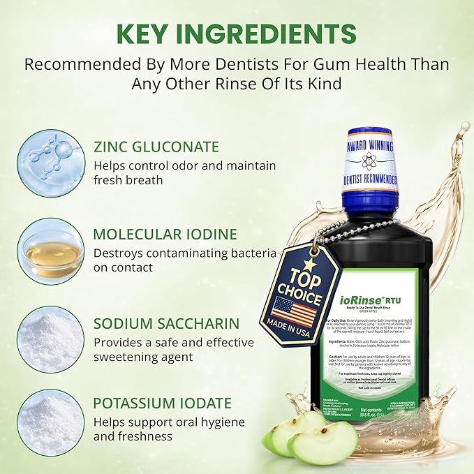ioRinse Ready-to-Use (RTU) Mouthwash for Fresher Breath, Halitosis Relief, Alcohol-Free, Fluoride-Free and a Professional Clean, Original ioRinse RTU Mouth Wash, Zero Alcohol - Green Apple Flavor, 1L