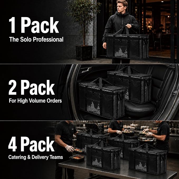 PRO Large Insulated Food Delivery Bag (3XL, Black, 4 Pack) | Thermal bag, For cold & hot food, Water-resistant, Portable cooler, Soft sided catering tote, Grocery bag with zippered top
