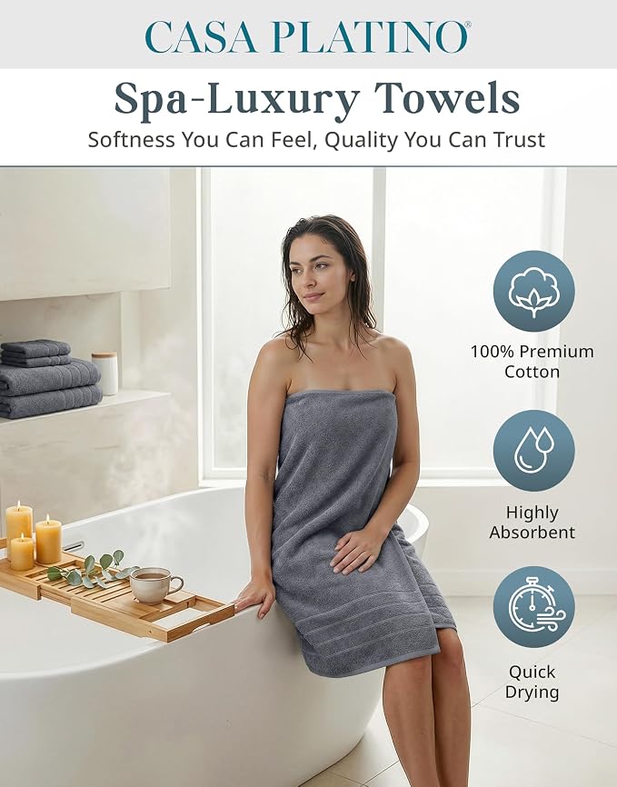 Casa Platino Bath Towel Set 100% Cotton 12 Piece Soft Absorbent - Cool Grey | Cotton Bath Towels - Densely Woven, Coordinated Colors, Dobby Border Accent, OEKO-TEX Certified, Ring-Spun Durability