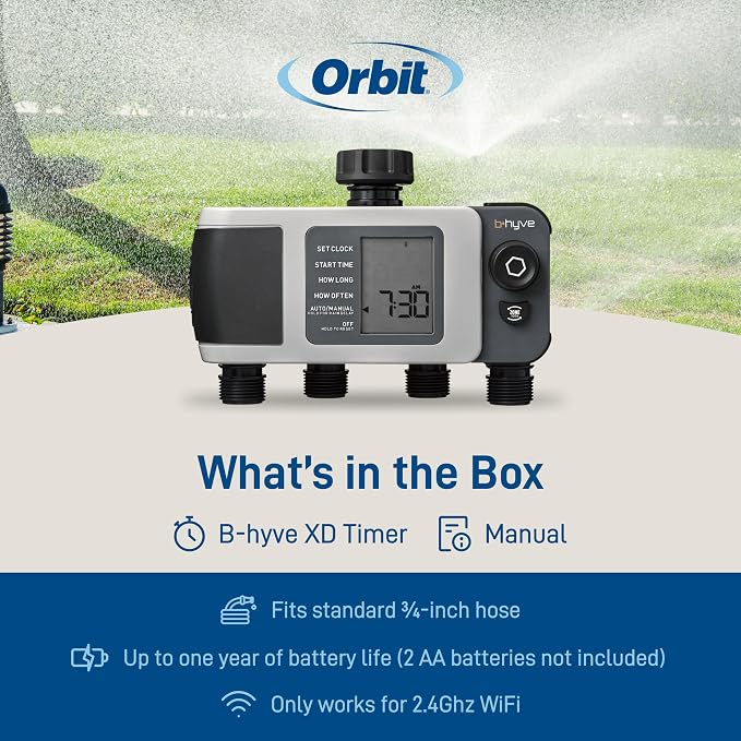 Orbit B-hyve XD 4-Port Smart Hose Watering Timer - App Controlled - Smart WeatherSense - Bluetooth Sprinkler Timer with Remote Control - Multi Outlet Yard Irrigation System - 24634