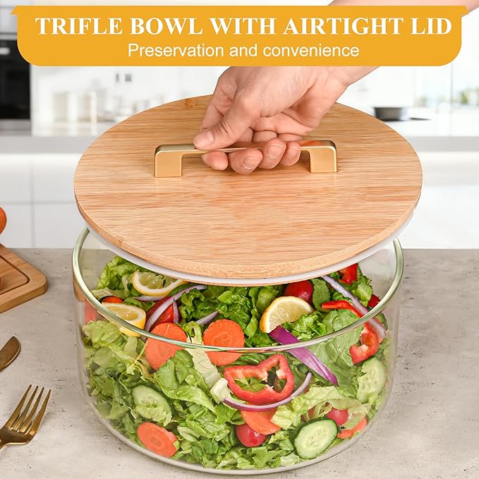 Glass Trifle Bowl with Airtight Lid, 197oz Large Salad Bowl, Glass Serving Bowl for Popcorn, Cake, Salad, Fruit, Baking, Dessert and Party Diy, BPA Free, Oven, Dishwasher Safe