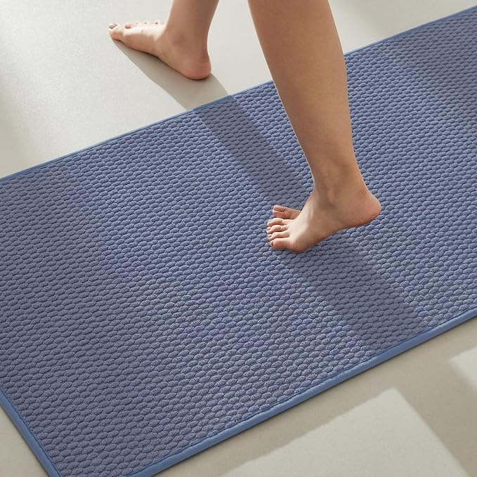 TYUU Bathroom Rugs Non Slip Washable, Super Absorbent Thin Bath Mat Quick Dry Low Pile Bathroom Rug, Denim Blue 20"x48"