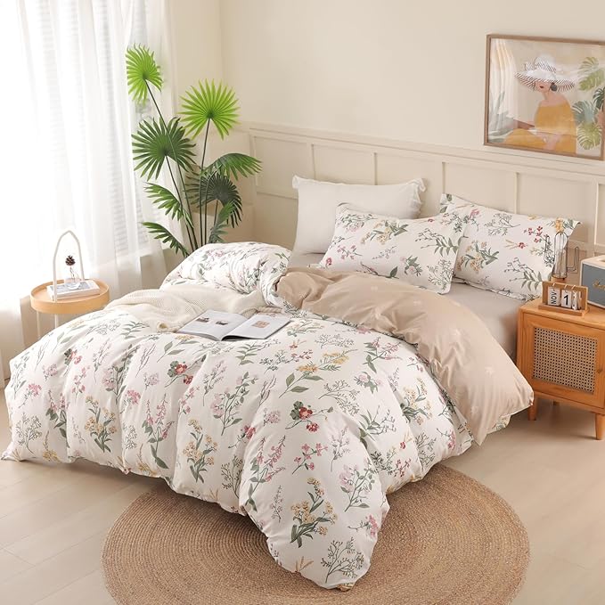 OAITE Duvet Cover Twin Size - 100% Cotton Comforter Cover Floral Duvet Cover Sets 3-PC, Breathable Duvet Cover with Zipper Closure & Corner Ties