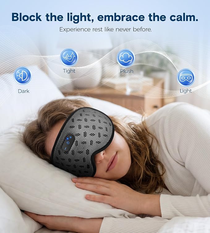 MUSICOZY Bluetooth Sleep Mask, Cooling Weighted Eye Mask with Bluetooth Headphones for Side Sleepers, 3D Contoured Relaxing No Pressure Eye Cover to Block Light for Night Sleeping(Grid Black)