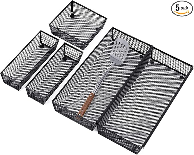 Neudeco Drawer Organizer, Black, 5 Pack, 15x6.2x2 inches | Metal Mesh Silverware Tray, Interlocking Design, 5 Compartment, For Kitchen Utensils