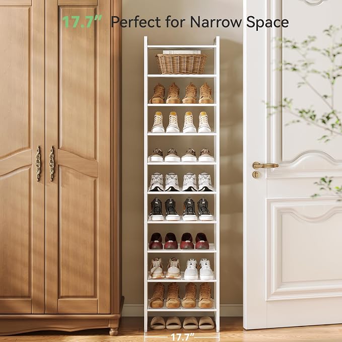Nunsino Narrow Shoe Rack, 10-Tier Metal Shoe Organizer,Tall Shoe Shelf with Anti-Tip Strap, Max Holds 22 Pairs,Space Saving for Closet,Entryway,White