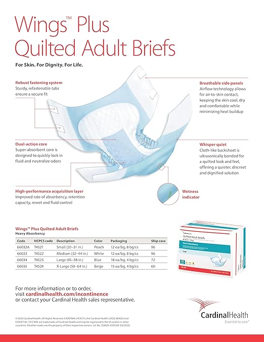 Cardinal Health™ Quilted Adult Briefs, Wings™ Plus, Heavy Absorbency, Size Large, Unisex Adult Briefs, Disposable Incontinence Diapers with Refastenable Tabs – Case of 4 Bags of 18 Briefs (72 Total)
