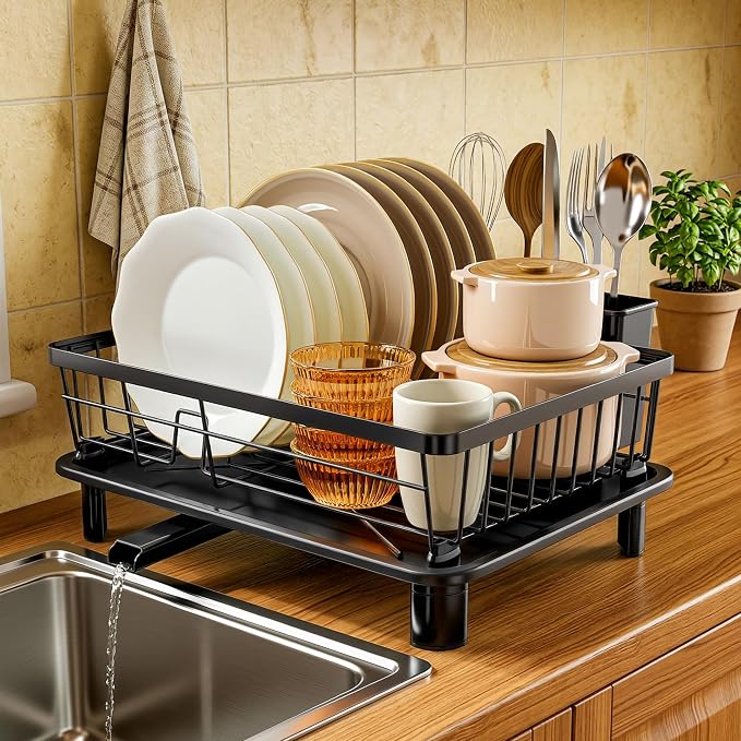 MOUKABAL Dish Drying Rack with Drainboard for Kitchen Counter, Black | 11×15 Large Capacity/Rustproof Stainless Steel/Fast Drainage Dish Drainer/Removable Utensil Holder/Kitchen Counter Organizer