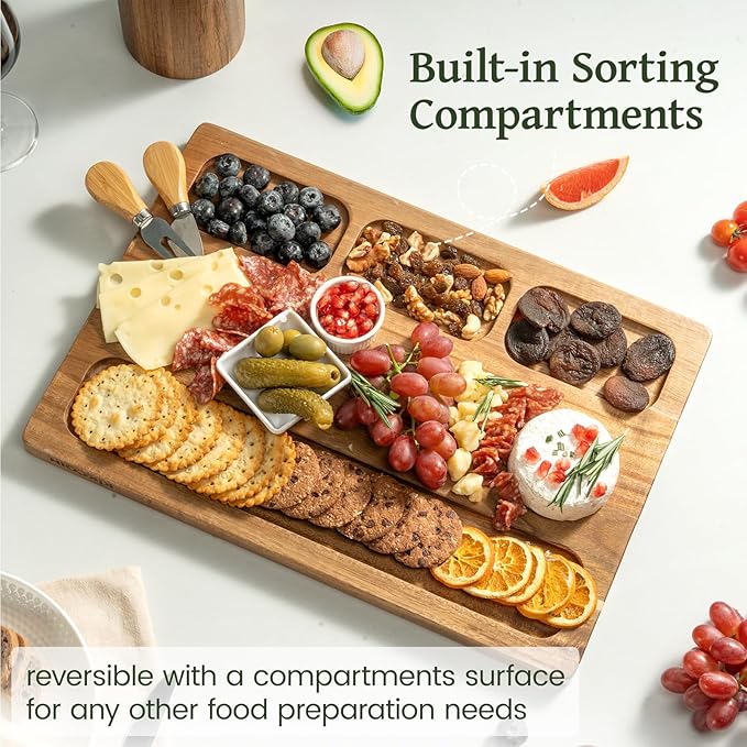 17" x 11.8" Acacia Wood Cutting Boards for Kitchen, Kikcoin Wooden Cutting Board, Chopping Board with Built-In Compartments and Juice Groove, Heavy Duty Charcuterie Board Wood Butcher Block