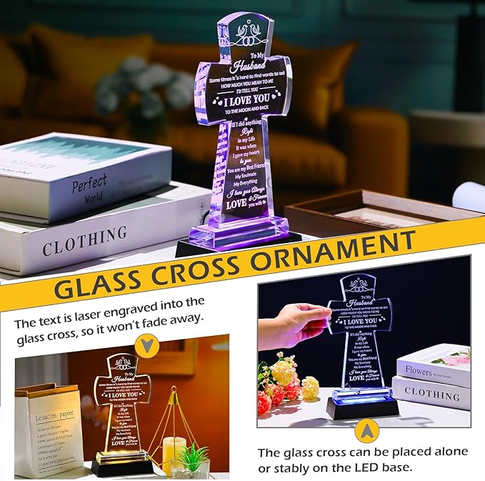 Movdyka Husband Gifts from Wife, Birthday Christmas Anniversary Religious Gifts for Husband Glass Cross Keepsake with Colorful Base, Best Husband Ever Gifts for Him who has Everything