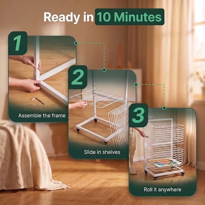OFFICEROO White Art Drying Rack for Classroom & Preschool – 18-Shelf Mobile Paint Drying Rack, Canvas & Paper Drying Rack for Art Storage