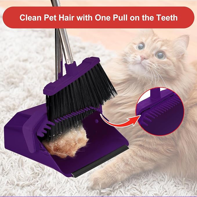 Tiumso Broom with Dustpan Combo Set, Broom and Dustpan Set with 51'' Long Handle, Dust Pan and Brooms, ZeroGap Lip, Self-Cleaning Dustpans Teeth for Lobby Kitchen Restaurant - Purple