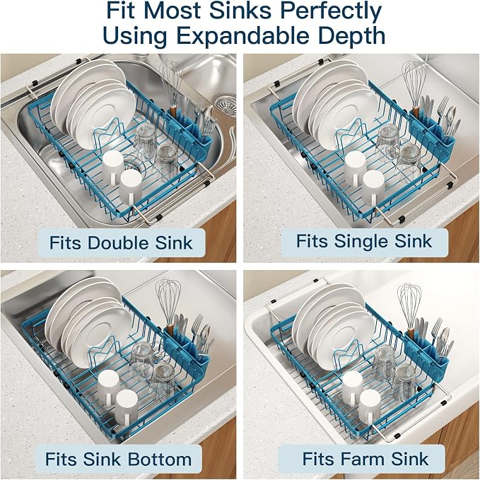 Blue Dish Drying Rack Over The Sink with Utensil Holder, Mat | Expandable Stainless Steel Dish Drainer for Small Kitchen, Apartment, RV, Counter Space Saving, Perfect Fit, Rustproof