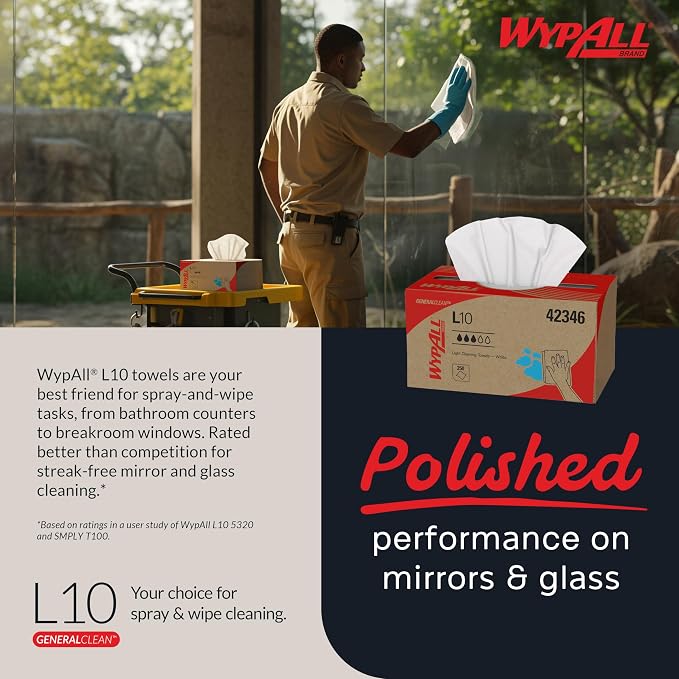 WypAll GeneralClean L10 Cloths Light Cleaning Wipes (42346), Pop-Up Box, Bulk Paper Wipers, White (24 Packs of 250 Sheets, 6,000 Sheet Total)