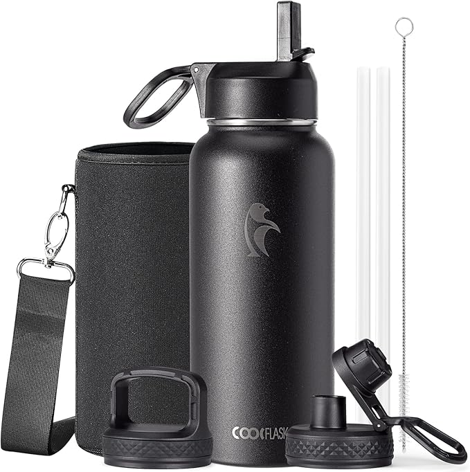 Water Bottle 32 oz Insulated with Straw, Coolflask Stainless Steel Metal 3 Lids Water Flask Wide Mouth for Sports or Office, Non-BPA Keep Cold Up to 48 Hrs or Hot Up to 24 Hrs, Magic Black