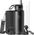 Water Bottle 32 oz Insulated with Straw, Coolflask Stainless Steel Metal 3 Lids Water Flask Wide Mouth for Sports or Office, Non-BPA Keep Cold Up to 48 Hrs or Hot Up to 24 Hrs, Magic Black