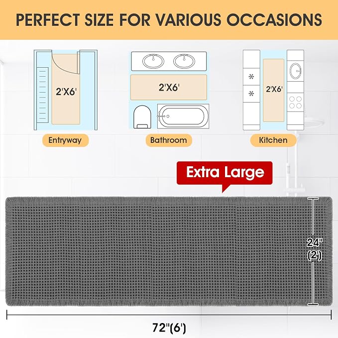Extra Large Waffle Bath Mat Grey 6'x2'(72" x 24"), Boho Woven Modern Bath Mat Rugs, Absorbent Non Slip Bathroom Rugs, Soft Washable Bath Rugs with Tassels for Bathroom, Bedroom, Kitchen, Shower, Tub