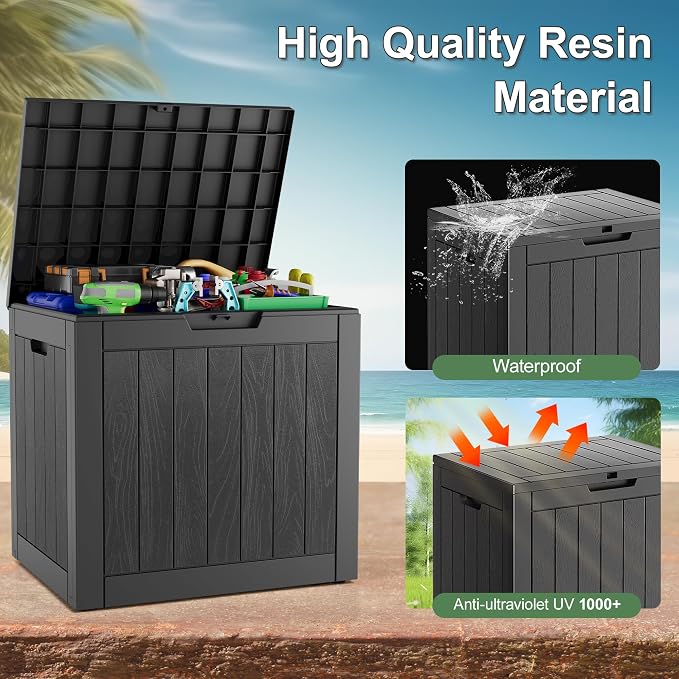 Deck Box, 32 Gallon Resin Indoor and Outdoor Storage Boxes Waterproof for Garden Tools, Pool Accessories Storage Bench, Patio Furniture and Cushions with Lockable Lid, Black