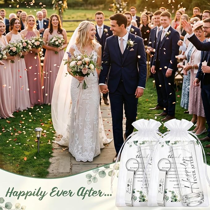 Sliner 50 Set Wedding Favor for Guest Bulk 2oz Acrylic Shot Glasses with bottle opener keychain Thank You Card Organza Bag for Guest Souvenirs Wedding Gift Bridal Shower Party (Romantic)