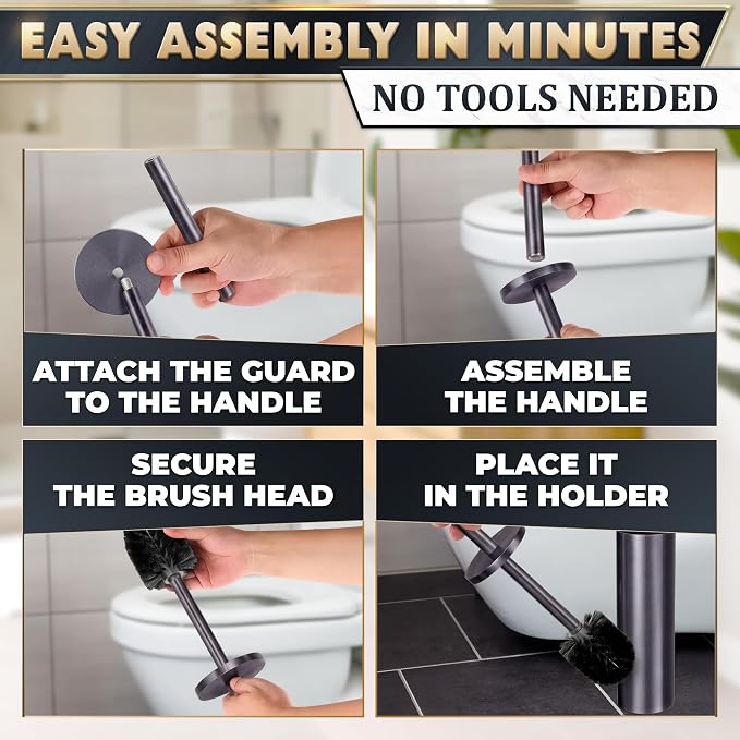 Graphite Metallic Stainless Steel Toilet Brush and Holder Set - Toilet Bowl Brush and Holder with Splash Cover, Sturdy Bristles, Corrosion & Scratch Resistant - Elegant Design, Effective Deep Cleaning