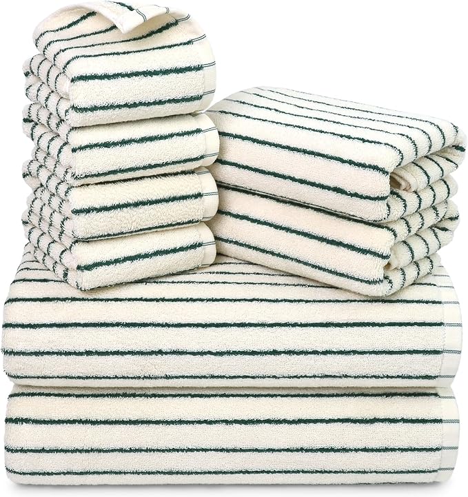 8 Piece Green Towel Set, Super Soft & Absorbent Cotton Striped Towels | for Bathroom Decor, 2 Bath, 2 Hand, 4 Washcloths