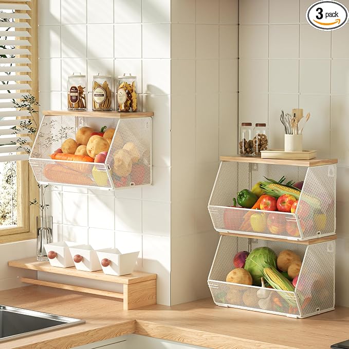 3-Pack Stackable Wire Basket with Wood Lid - Wall Mounted Fruit & Vegetable Bowl for Kitchen, Potato & Onion Storage