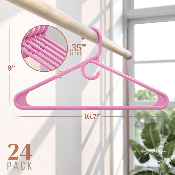 NEATERIZE Thick Heavy Duty Hangers - Pink Plastic Clothes Hangers 24 Pack - Great for Coat Hanger, Jackets Jeans & Suit Hanger for Closet - New Apartment Essentials Percheros Ganchos para Colgar Ropa