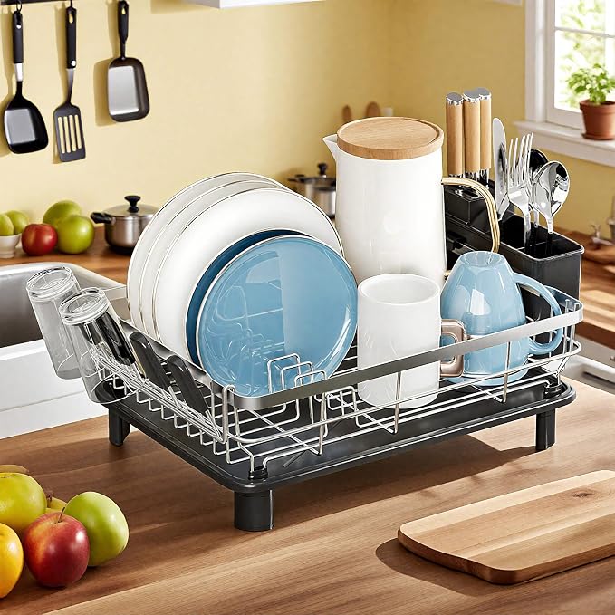 MOUKABAL Stainless Steel Dish Drying Rack for Kitchen Counter, Black Silver | 13×17 Large Capacity/Drainboard with Rotating Spout/Removable Cup & Utensil Holders/Fast Drainage/Countertop Dish Drainer