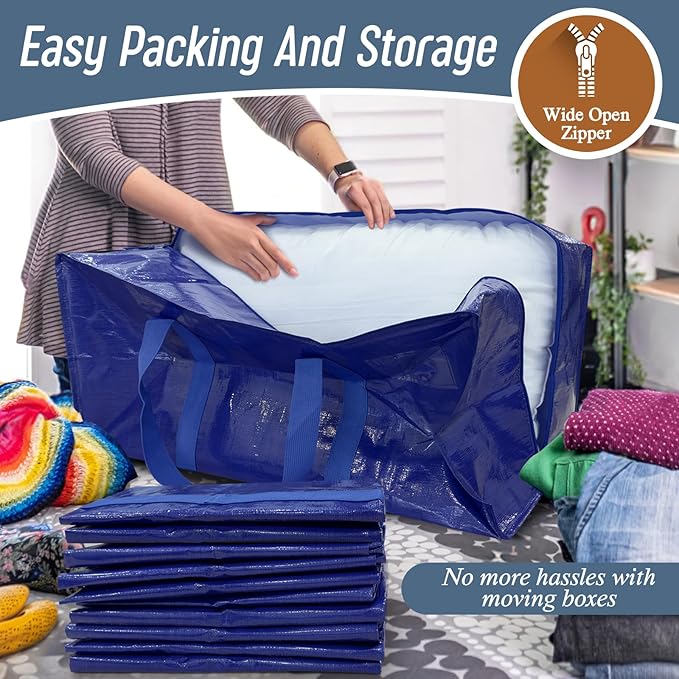 6 Pack Extra Heavy Duty Large Moving Bags with Strong Zipper, Blue | Comfortable Handles, Sturdy & Durable Clothes Storage Bags Totes Bins, Blue Packing Moving Boxes for College Supplies