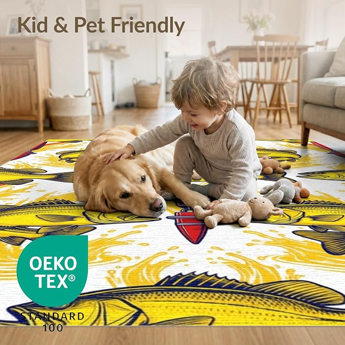 2'x3' Washable Area Rug Bass Splash Lure Bold Outlined Reel Tackle Motif Fish Fishing Refined Structured Pet Friendly & Kids Safe Bedside for Bedroom, Nursery, RV