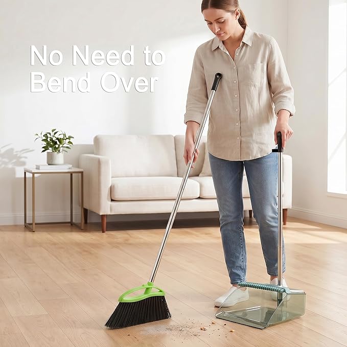 Soft Bristles Green Angle Broom and Dustpan Set, Long Handle Household Indoor Broom with Dustpan Combo Set for Room Kitchen Lobby Office Hardwood Floor Sweeping Floor Cleaning