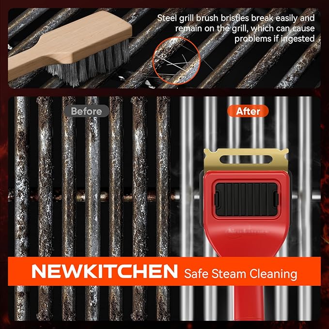 NEWKITCHEN Grill Brush for Outdoor Bristle-Free Steam Cleaning, BBQ Brush Replaceable Kevlar Head with Grill Scraper, Safe Long Handle Barbecue Grill Cleaner