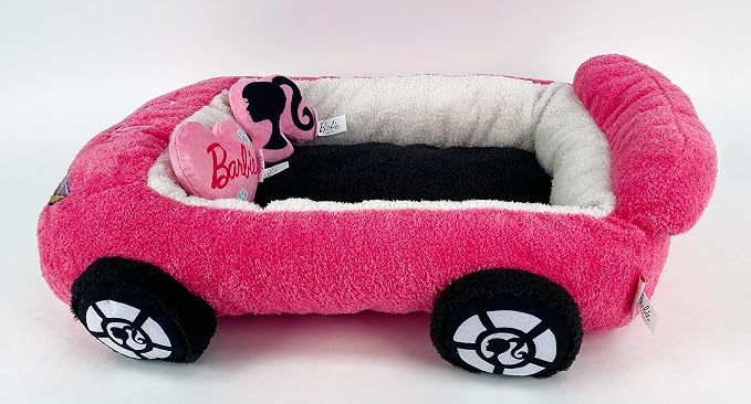 Megatoys Barbie Plush Car Pet Bed- Themed Plush Pink Pet Bed for Dogs and Cats – Soft and Cozy Pet Bed with Barbie Pillow and Car Design