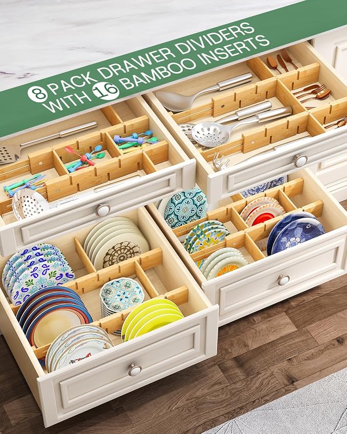 kiplant Bamboo Drawer Dividers - Adjustable Drawer Dividers for Kitchen, Clothes, Closet & Office - 8 Pack with Inserts, 13.8-18.8 Inches, Non-Slip Silicone Ends